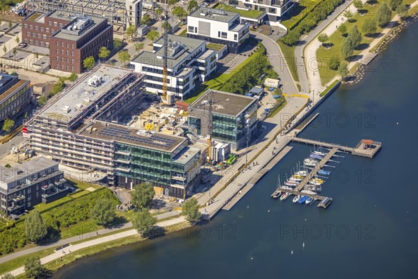 Aerial view, Phoenix Lake, boat landing stage, Hörde, Dortmund, Ruhr area, North Rhine-Westphalia, Germany, boats, DE, Europe, property tax, real estate, aerial photography, aerial photography, Phoenix Lake, sailing boats, overview, bird's-eye view, residential complex, living and living, residential area, residential buildings, residential quality, residential neighbourhood, housing estate, bird's-eye view, overview