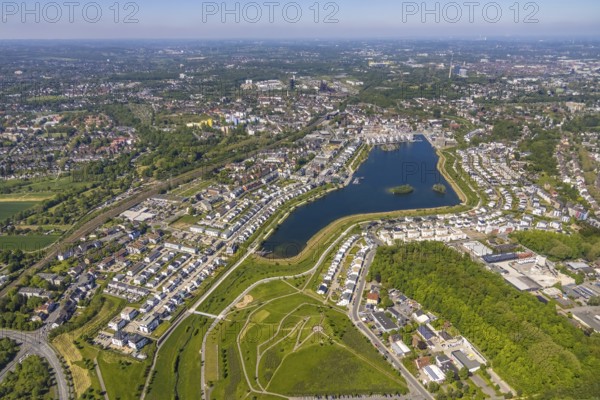 Aerial view, Phoenix Lake, Schüren, Dortmund, Ruhr area, North Rhine-Westphalia, Germany, DE, Europe, property tax, real estate, aerial photography, aerial photography, aerial photography, Phoenix Lake, overview, bird's-eye view, residential complex, housing and living, residential area, residential buildings, quality of living, residential neighbourhood, housing estate, birds-eyes view, overview, Emscher, Emscher River