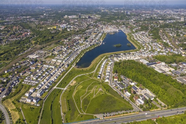 Aerial view, Phoenix Lake, Schüren, Dortmund, Ruhr area, North Rhine-Westphalia, Germany, DE, Europe, property tax, real estate, aerial photography, aerial photography, aerial photography, Phoenix Lake, overview, bird's-eye view, residential complex, housing and living, residential area, residential buildings, quality of living, residential neighbourhood, housing estate, birds-eyes view, overview, Emscher, Emscher River