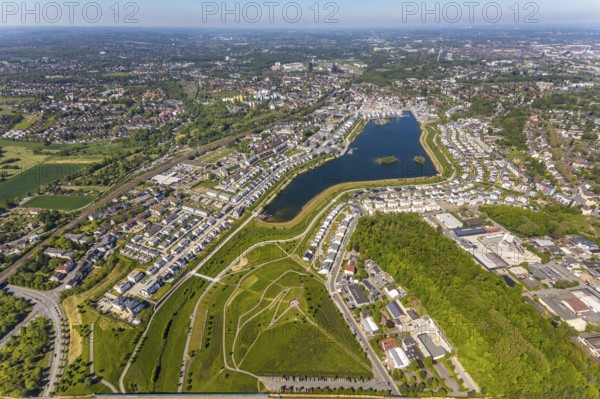 Aerial view, Phoenix Lake, Schüren, Dortmund, Ruhr area, North Rhine-Westphalia, Germany, DE, Europe, property tax, real estate, aerial photography, aerial photography, aerial photography, Phoenix Lake, overview, bird's-eye view, residential complex, housing and living, residential area, residential buildings, quality of living, residential neighbourhood, housing estate, birds-eyes view, overview, Emscher, Emscher River