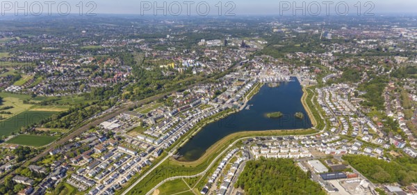 Aerial view, Phoenix Lake, Schüren, Dortmund, Ruhr area, North Rhine-Westphalia, Germany, DE, Europe, property tax, real estate, aerial photography, aerial photography, aerial photography, Phoenix Lake, overview, bird's-eye view, residential complex, housing and living, residential area, residential buildings, quality of living, residential neighbourhood, housing estate, birds-eyes view, overview, Emscher, Emscher River