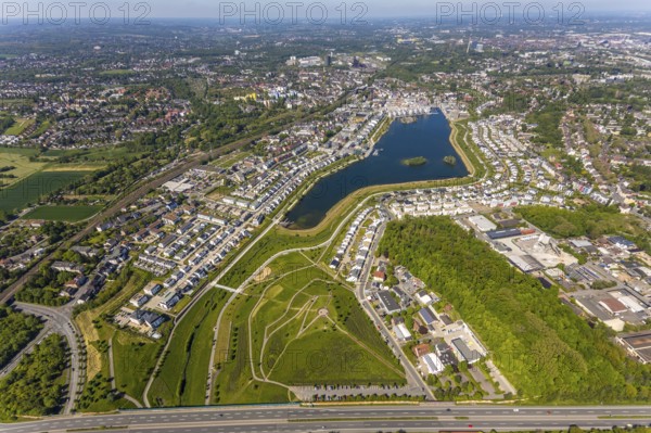 Aerial view, Phoenix Lake, Schüren, Dortmund, Ruhr area, North Rhine-Westphalia, Germany, DE, Europe, property tax, real estate, aerial photography, aerial photography, aerial photography, Phoenix Lake, overview, bird's-eye view, residential complex, housing and living, residential area, residential buildings, quality of living, residential neighbourhood, housing estate, birds-eyes view, overview, Emscher, Emscher River