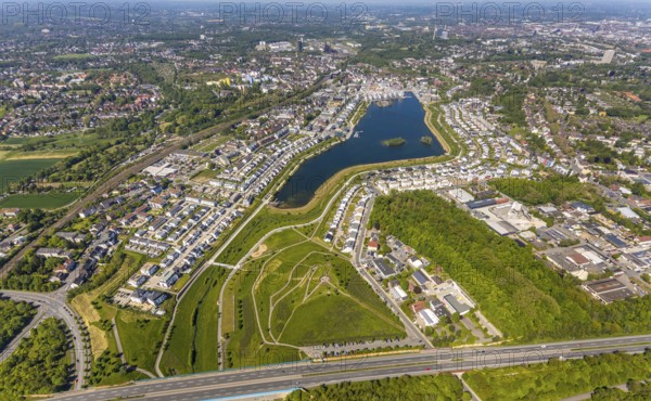 Aerial view, Phoenix Lake, Schüren, Dortmund, Ruhr area, North Rhine-Westphalia, Germany, DE, Europe, property tax, real estate, aerial photography, aerial photography, aerial photography, Phoenix Lake, overview, bird's-eye view, residential complex, housing and living, residential area, residential buildings, quality of living, residential neighbourhood, housing estate, birds-eyes view, overview, Emscher, Emscher River