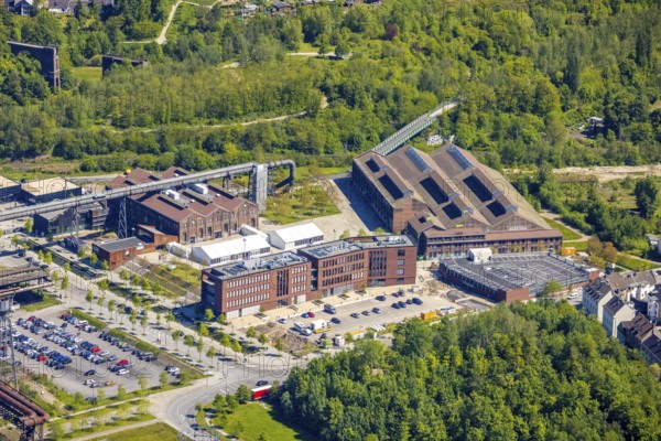 Aerial view, Phoenix-West industrial estate and local recreation area, Corona rapid test centre in the Warsteiner Music Hall, Hörde, Dortmund, Ruhr area, North Rhine-Westphalia, Germany, distance rule, Corona measures, Corona virus, Corona test centre, Covid-19, DE, Europe, hygiene measures, aerial view, aerial photography, aerial photography, overview, virus, bird's-eye view, tent, birds-eyes view, former Phoenix Hall, former blast furnace plant, overview