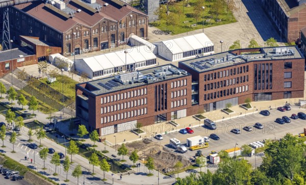 Aerial view, Phoenix-West industrial estate and local recreation area, Corona rapid test centre in the Warsteiner Music Hall, Hörde, Dortmund, Ruhr area, North Rhine-Westphalia, Germany, distance rule, Corona measures, Corona virus, Corona test centre, Covid-19, DE, Europe, hygiene measures, aerial view, aerial photography, aerial photography, overview, virus, bird's-eye view, tent, birds-eyes view, former Phoenix Hall, former blast furnace plant, overview