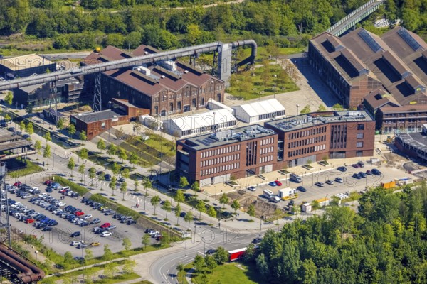 Aerial view, Phoenix-West industrial estate and local recreation area, Corona rapid test centre in the Warsteiner Music Hall, Hörde, Dortmund, Ruhr area, North Rhine-Westphalia, Germany, distance rule, Corona measures, Corona virus, Corona test centre, Covid-19, DE, Europe, hygiene measures, aerial view, aerial photography, aerial photography, overview, virus, bird's-eye view, tent, birds-eyes view, former Phoenix Hall, former blast furnace plant, overview