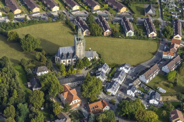 Aerial view, renovation work on the steeple of St. Josef's Catholic Church in the Kirchlinde district of Dortmund, Ruhr area, North Rhine-Westphalia, Germany, place of worship, DE, Dortmund, Europe, religious community, place of worship, sacred site, church, parish, church steeple, denomination, aerial view, aerial photography, aerial photography, religion, religious site, overview, bird's-eye view, overview