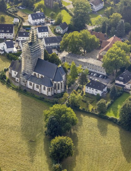 Aerial view, renovation work on the steeple of St. Josef's Catholic Church in the Kirchlinde district of Dortmund, Ruhr area, North Rhine-Westphalia, Germany, place of worship, DE, Dortmund, Europe, religious community, place of worship, sacred site, church, parish, church steeple, denomination, aerial view, aerial photography, aerial photography, religion, religious site, overview, bird's-eye view, overview