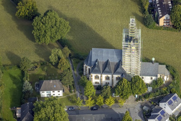Aerial view, renovation work on the steeple of St. Josef's Catholic Church in the Kirchlinde district of Dortmund, Ruhr area, North Rhine-Westphalia, Germany, place of worship, DE, Dortmund, Europe, religious community, place of worship, sacred site, church, parish, church steeple, denomination, aerial view, aerial photography, aerial photography, religion, religious site, overview, bird's-eye view, overview