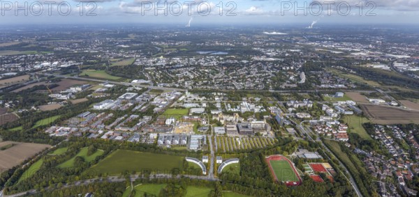 Aerial view of TZDO - TechnologieZentrumDortmund GmbH, Technische Universität Dortmund Campus Nord in the district Oespel in Dortmund, Ruhr area, North Rhine-Westphalia, Germany, motorway A40, Campus Nord, DE, Dortmund, Europe, distant view, aerial view, aerial photograph, aerial photography, aerial photography, sports facility, TU Dortmund, Technische Universität Dortmund, overview, University of Dortmund, bird's-eye view, bird's-eye view, overview