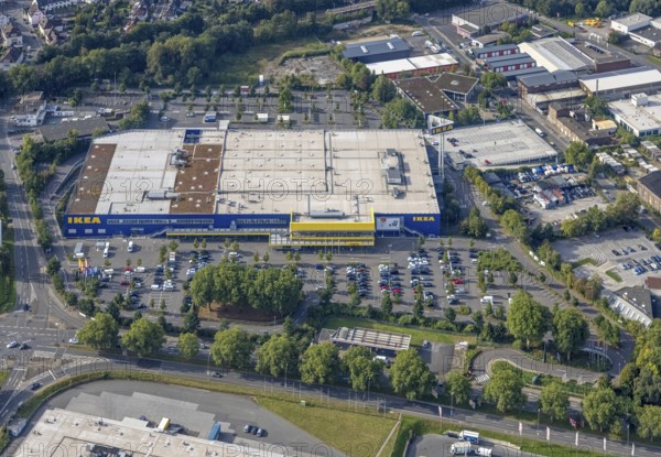 Aerial view, Indupark commercial area with the IKEA store in the district Oespel in Dortmund, Ruhr area, North Rhine-Westphalia, Germany, DE, Dortmund, Europe, commercial enterprises, commercial area, commercial park, commercial location, commercial use, industrial area, industrial building, industrial location, aerial view, aerial photography, aerial photography, overview, bird's eye view, birds-eyes view, overview