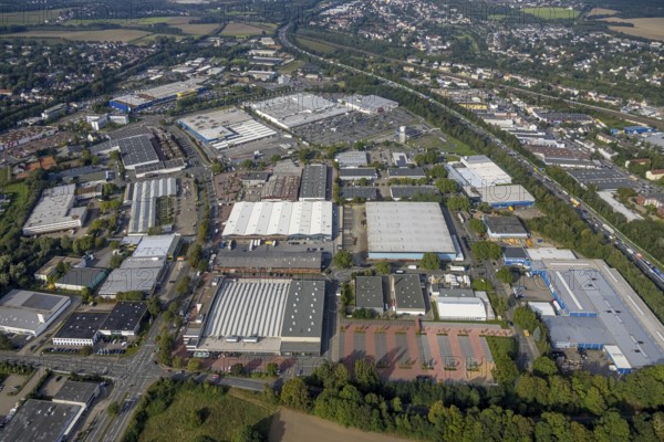 Aerial view, Indupark commercial area with the IKEA store in the district Oespel in Dortmund, Ruhr area, North Rhine-Westphalia, Germany, DE, Dortmund, Europe, commercial enterprises, commercial area, commercial park, commercial location, commercial use, industrial area, industrial building, industrial location, aerial view, aerial photography, aerial photography, overview, bird's eye view, birds-eyes view, overview