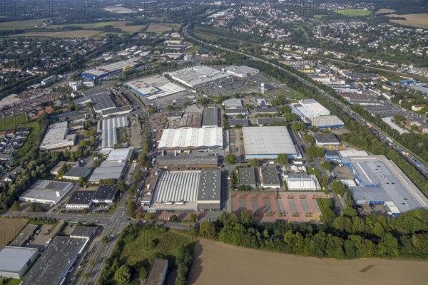 Aerial view, Indupark commercial area with the IKEA store in the district Oespel in Dortmund, Ruhr area, North Rhine-Westphalia, Germany, DE, Dortmund, Europe, commercial enterprises, commercial area, commercial park, commercial location, commercial use, industrial area, industrial building, industrial location, aerial view, aerial photography, aerial photography, overview, bird's eye view, birds-eyes view, overview