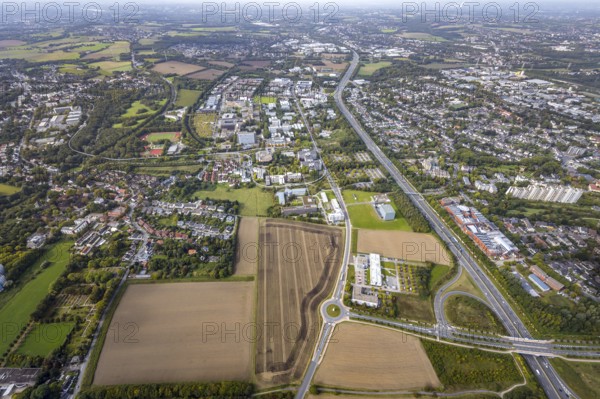 Aerial view of TZDO - TechnologieZentrumDortmund GmbH, Technische Universität Dortmund Campus Nord in the district Oespel in Dortmund, Ruhr area, North Rhine-Westphalia, Germany, motorway A40, Campus Nord, DE, Dortmund, Europe, distant view, aerial view, aerial photograph, aerial photography, aerial photography, sports facility, TU Dortmund, Technische Universität Dortmund, overview, University of Dortmund, bird's-eye view, bird's-eye view, overview