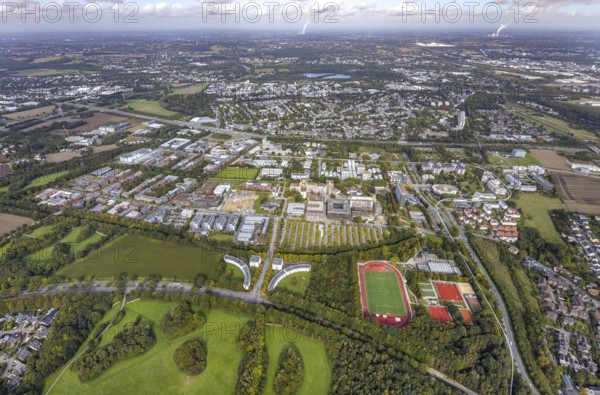 Aerial view of TZDO - TechnologieZentrumDortmund GmbH, Technische Universität Dortmund Campus Nord in the district Oespel in Dortmund, Ruhr area, North Rhine-Westphalia, Germany, motorway A40, Campus Nord, DE, Dortmund, Europe, distant view, aerial view, aerial photograph, aerial photography, aerial photography, sports facility, TU Dortmund, Technische Universität Dortmund, overview, University of Dortmund, bird's-eye view, bird's-eye view, overview