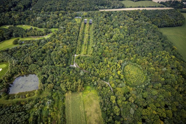 Aerial view, Former shooting range in the nature reserve Buschei Am Wirksfeld and Wulfscher Teich in the district Kurl in Dortmund, Ruhr area, North Rhine-Westphalia, Germany, DE, Dortmund, Europe, aerial view, aerial photography, aerial photography, NSG, shooting range, pond, overview, bird's eye view, forest area, birds-eyes view, former extinguishing water pond, overview