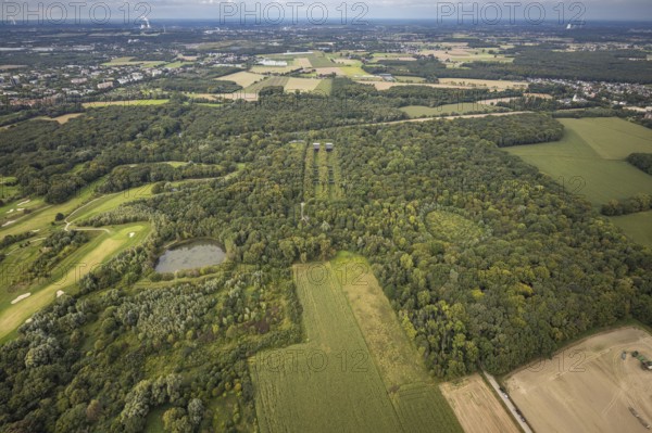 Aerial view, Former shooting range in the nature reserve Buschei Am Wirksfeld and Wulfscher Teich in the district Kurl in Dortmund, Ruhr area, North Rhine-Westphalia, Germany, DE, Dortmund, Europe, aerial view, aerial photography, aerial photography, NSG, shooting range, pond, overview, bird's eye view, forest area, birds-eyes view, former extinguishing water pond, overview