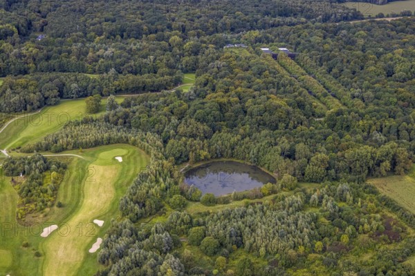 Aerial view, Former shooting range in the nature reserve Buschei Am Wirksfeld and Wulfscher Teich in the district Kurl in Dortmund, Ruhr area, North Rhine-Westphalia, Germany, DE, Dortmund, Europe, aerial view, aerial photography, aerial photography, NSG, shooting range, pond, overview, bird's eye view, forest area, birds-eyes view, former extinguishing water pond, overview