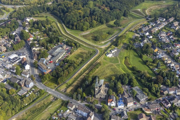 Aerial view, Immanuel Church in the Marten district of Dortmund, Ruhr area, North Rhine-Westphalia, Germany, place of worship, DE, Dortmund, Europe, religious community, place of worship, holy place, church, parish, denomination, aerial photograph, aerial photography, aerial photography, religion, religious site, overview, bird's-eye view, overview