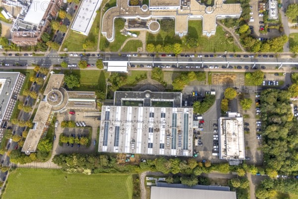 Aerial view of TZDO - TechnologieZentrumDortmund GmbH, Technische Universität Dortmund Campus Nord with the Technology Centre and EMC Test North Rhine-Westphalia GmbH EMC Competence Centre in the Oespel district in Dortmund, Ruhr area, North Rhine-Westphalia, Germany, motorway A40, Baumallee, education, educational institution, Campus Nord, DE, Dortmund, Emil-Figge-Straße, Europe, distant view, green area technology park, aerial view, aerial photograph, aerial photography, aerial photography, TU Dortmund, Technische Universität Dortmund, overview, University of Dortmund, bird's eye view, birds-eyes view, overview