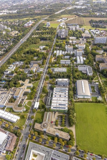 Aerial view of TZDO - TechnologieZentrumDortmund GmbH, Technische Universität Dortmund Campus Nord with the Technology Centre and EMC Test North Rhine-Westphalia GmbH EMC Competence Centre in the Oespel district in Dortmund, Ruhr area, North Rhine-Westphalia, Germany, motorway A40, Baumallee, education, educational institution, Campus Nord, DE, Dortmund, Emil-Figge-Straße, Europe, distant view, green area technology park, aerial view, aerial photograph, aerial photography, aerial photography, TU Dortmund, Technische Universität Dortmund, overview, University of Dortmund, bird's eye view, birds-eyes view, overview