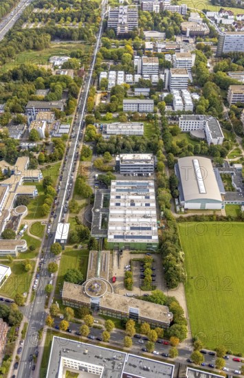 Aerial view of TZDO - TechnologieZentrumDortmund GmbH, Technische Universität Dortmund Campus Nord with the Technology Centre and EMC Test North Rhine-Westphalia GmbH EMC Competence Centre in the Oespel district in Dortmund, Ruhr area, North Rhine-Westphalia, Germany, motorway A40, Baumallee, education, educational institution, Campus Nord, DE, Dortmund, Emil-Figge-Straße, Europe, distant view, green area technology park, aerial view, aerial photograph, aerial photography, aerial photography, TU Dortmund, Technische Universität Dortmund, overview, University of Dortmund, bird's eye view, birds-eyes view, overview