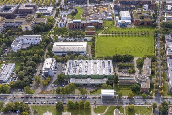 Aerial view of TZDO - TechnologieZentrumDortmund GmbH, Technische Universität Dortmund Campus Nord with the Technology Centre and EMC Test North Rhine-Westphalia GmbH EMC Competence Centre in the Oespel district in Dortmund, Ruhr area, North Rhine-Westphalia, Germany, motorway A40, Baumallee, education, educational institution, Campus Nord, DE, Dortmund, Emil-Figge-Straße, Europe, distant view, green area technology park, aerial view, aerial photograph, aerial photography, aerial photography, TU Dortmund, Technische Universität Dortmund, overview, University of Dortmund, bird's eye view, birds-eyes view, overview