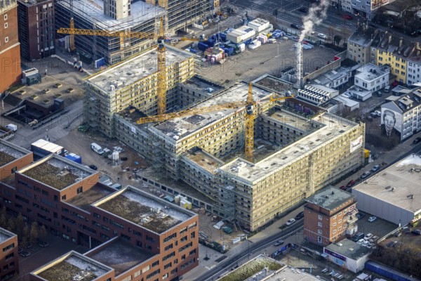 Aerial view, Dortmunder U New home for students, construction site and new construction of a residential complex at the Dortmunder U at Westentor, Rheinische Straße in Dortmund, Ruhr area, North Rhine-Westphalia, Germany, construction work, construction, construction area, building site, building plots, construction crane, construction project, construction site, DE, Dortmund, Dortmunder U Centre for Art and Creativity, Emil-Moog-Platz, Europe, property tax, real estate, aerial view, aerial photography, aerial photography, new building, overview, bird's-eye view, residential complex, residential area, residential buildings, residential quality, residential quarter, housing estate, Centre for Art and Creativity, birds-eyes view, overview