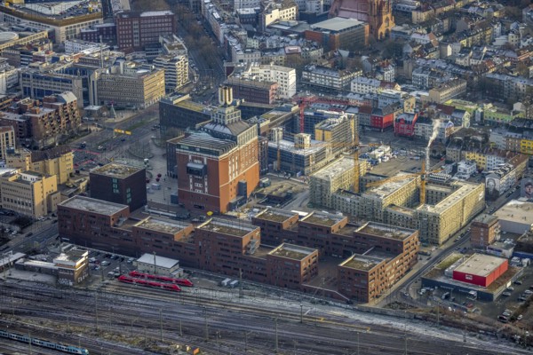 Aerial view, Dortmunder U New home for students, construction site and new construction of a residential complex at the Dortmunder U at Westentor, Rheinische Straße in Dortmund, Ruhr area, North Rhine-Westphalia, Germany, construction work, construction, construction area, building site, building plots, construction crane, construction project, construction site, DE, Dortmund, Dortmunder U Centre for Art and Creativity, Emil-Moog-Platz, Europe, property tax, real estate, aerial view, aerial photography, aerial photography, new building, overview, bird's-eye view, residential complex, residential area, residential buildings, residential quality, residential quarter, housing estate, Centre for Art and Creativity, birds-eyes view, overview