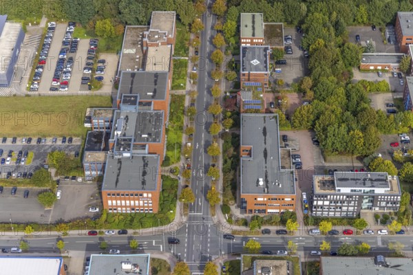 Aerial view of TZDO - TechnologieZentrumDortmund GmbH, Technische Universität Dortmund Campus Nord with company buildings at the intersection of Otto-cock-Straße and Hauert in the Eichlinghofen district of Dortmund, Ruhr area, North Rhine-Westphalia, Germany, AKG Arbeitsgemeinschaft Kammerleitstelle für Beitragsbemessungsgrundlagen GmbH, Education, educational institution, Campus North, DE, Dortmund, Europe, commercial enterprises, commercial area, commercial location, commercial use, Leopold Kostal GmbH, aerial view, aerial photograph, aerial photography, aerial photography, TU Dortmund, Dortmund University of Technology, overview, University of Dortmund, bird's-eye view, birds-eyes view, hspv Dortmund, overview