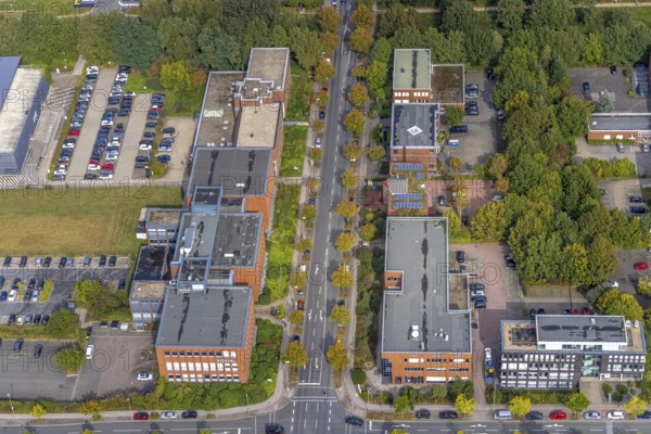 Aerial view of TZDO - TechnologieZentrumDortmund GmbH, Technische Universität Dortmund Campus Nord with company buildings at the intersection of Otto-cock-Straße and Hauert in the Eichlinghofen district of Dortmund, Ruhr area, North Rhine-Westphalia, Germany, AKG Arbeitsgemeinschaft Kammerleitstelle für Beitragsbemessungsgrundlagen GmbH, Education, educational institution, Campus North, DE, Dortmund, Europe, commercial enterprises, commercial area, commercial location, commercial use, Leopold Kostal GmbH, aerial view, aerial photograph, aerial photography, aerial photography, TU Dortmund, Dortmund University of Technology, overview, University of Dortmund, bird's-eye view, birds-eyes view, hspv Dortmund, overview