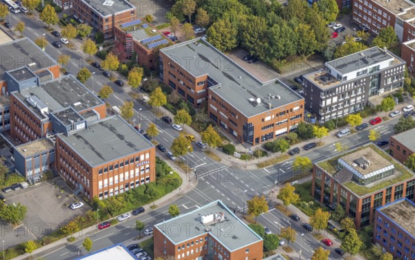 Aerial view of TZDO - TechnologieZentrumDortmund GmbH, Technische Universität Dortmund Campus Nord with company buildings at the intersection of Otto-cock-Straße and Hauert in the Eichlinghofen district of Dortmund, Ruhr area, North Rhine-Westphalia, Germany, AKG Arbeitsgemeinschaft Kammerleitstelle für Beitragsbemessungsgrundlagen GmbH, Education, educational institution, Campus North, DE, Dortmund, Europe, commercial enterprises, commercial area, commercial location, commercial use, Leopold Kostal GmbH, aerial view, aerial photograph, aerial photography, aerial photography, TU Dortmund, Dortmund University of Technology, overview, University of Dortmund, bird's eye view, birds-eyes view, overview