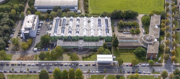 Aerial view of TZDO - TechnologieZentrumDortmund GmbH, Technische Universität Dortmund Campus Nord with the Technology Centre and EMC Test North Rhine-Westphalia GmbH EMC Competence Centre in the Oespel district in Dortmund, Ruhr area, North Rhine-Westphalia, Germany, motorway A40, Baumallee, education, educational institution, Campus Nord, DE, Dortmund, Emil-Figge-Straße, Europe, distant view, green area technology park, aerial view, aerial photograph, aerial photography, aerial photography, TU Dortmund, Technische Universität Dortmund, overview, University of Dortmund, bird's eye view, birds-eyes view, overview
