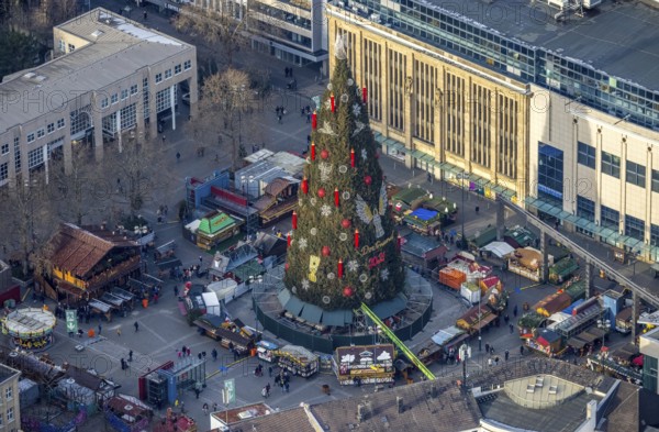Aerial view, Germany's largest Christmas tree on Hansaplatz in the city centre of Dortmund, Ruhr area, North Rhine-Westphalia, Germany, DE, Dortmund, Europe, aerial view, aerial photography, aerial photography, overview, bird's eye view, Christmas, Christmas tree, birds-eyes view, overview