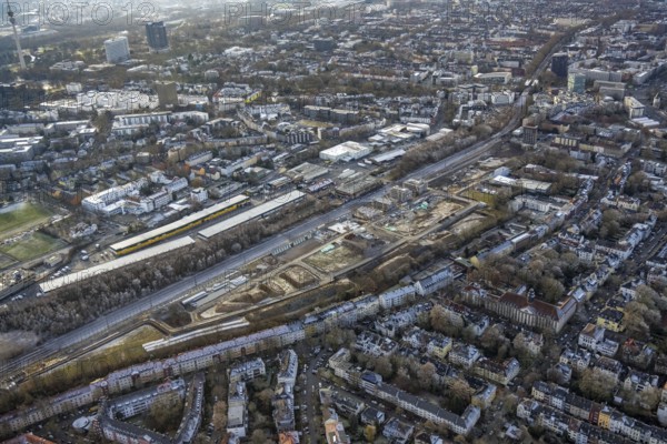 Aerial view, construction site Kronprinzenviertel for new construction of residential units Am Wasserturm Südbahnhof in the district Westfalendamm in Dortmund, Ruhr area, North Rhine-Westphalia, Germany, construction work, building monument, construction, construction area, building site, building plots, construction measure, construction project, construction site, DE, monument, Dortmund, Europe, aerial view, aerial photography, aerial photography, tower, overview, bird's-eye view, water tower Dortmunder Südbahnhof, housing estate, housing and living, residential area, residential quality, residential neighbourhood, housing estate, birds-eyes view, overview