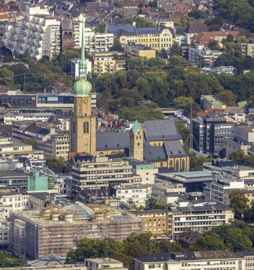 City centre view with St. Marien Evangelical Church and St. Reinoldi Church in the City district in Dortmund, Ruhr area, North Rhine-Westphalia, Germany, City, DE, Dortmund, Europe, city centre, aerial view, aerial photography, aerial photography, aerial view, skyline, townscape, city centre, overview, bird's eye view, birds-eyes view, overview