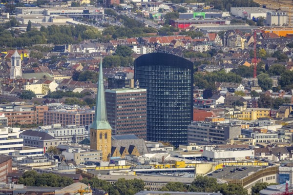 City centre view with protestant church St. Petri, Sparkassenhochhaus and RWE Tower in the City district of Dortmund, Ruhr area, North Rhine-Westphalia, Germany, place of worship, office tower, City, DE, Dortmund, Europe, religious community, place of worship, holy place, high-rise building, city centre, church, parish, denomination, RWE Vertrieb AG headquarters, aerial view, aerial photograph, aerial photography, aerial photography, local view, Petrikirche, RWE Tower, religion, religious site, skyline, townscape, city centre, overview, bird's-eye view, overview