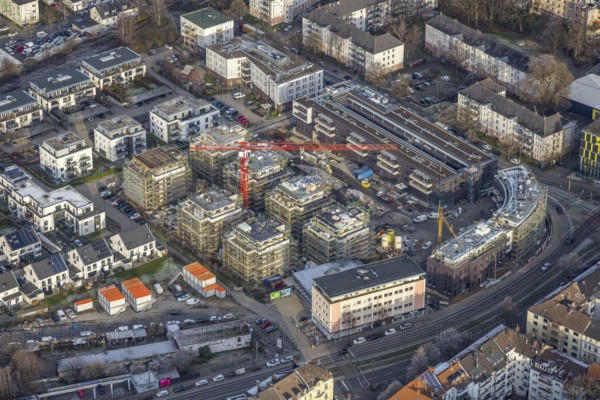 Aerial view, Kaiserquartier construction site with new construction for residential buildings in the Kaiserbrunnen district in Dortmund, Ruhr area, North Rhine-Westphalia, Germany, construction work, construction, construction area, building site, building plots, construction project, construction site, DE, Dortmund, Europe, property tax, real estate, aerial photograph, aerial photography, aerial photography, new construction, overview, bird's eye view, residential complex, living and living, residential area, residential buildings, quality of living, birds-eyes view, overview