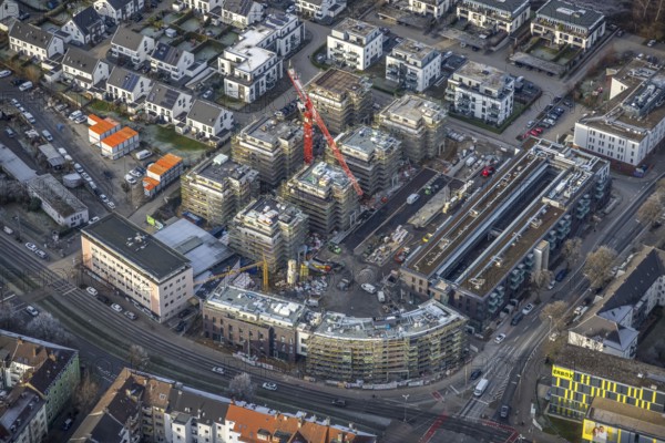 Aerial view, Kaiserquartier construction site with new construction for residential buildings in the Kaiserbrunnen district in Dortmund, Ruhr area, North Rhine-Westphalia, Germany, construction work, construction, construction area, building site, building plots, construction project, construction site, DE, Dortmund, Europe, property tax, real estate, aerial photograph, aerial photography, aerial photography, new construction, overview, bird's eye view, residential complex, living and living, residential area, residential buildings, quality of living, birds-eyes view, overview