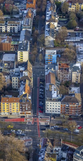 Aerial view, Ostwall corner Arndtstraße with red cycle path marking in the city centre in Dortmund, Ruhr area, North Rhine-Westphalia, Germany, DE, Dortmund, Europe, aerial view, aerial photography, aerial photography, cycle path, safety, overview, bird's-eye view, overview