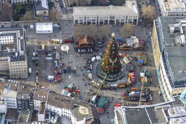 Aerial view, Germany's largest Christmas tree on Hansaplatz in the city centre of Dortmund, Ruhr area, North Rhine-Westphalia, Germany, DE, Dortmund, Europe, aerial view, aerial photography, aerial photography, overview, bird's eye view, Christmas, Christmas tree, birds-eyes view, overview