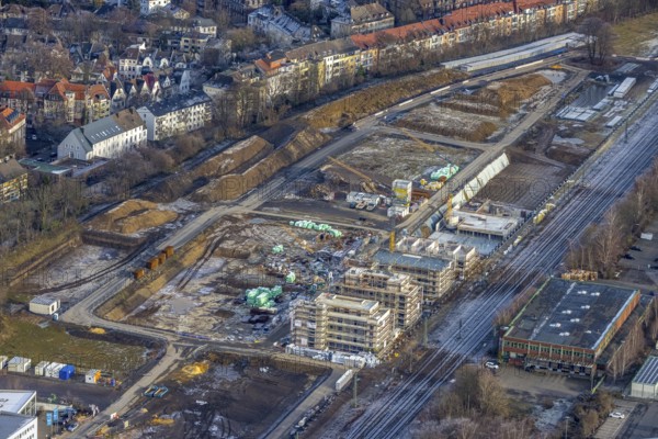 Aerial view, construction site Kronprinzenviertel for new construction of flats Am Wasserturm Südbahnhof in the district Westfalendamm in Dortmund, Ruhr area, North Rhine-Westphalia, Germany, construction work, building monument, construction, construction area, building site, building plots, construction measure, construction project, construction site, DE, monument, Dortmund, Europe, aerial view, aerial photography, aerial photography, tower, overview, bird's-eye view, water tower Dortmunder Südbahnhof, housing estate, housing and living, residential area, residential quality, residential neighbourhood, housing estate, birds-eyes view, overview
