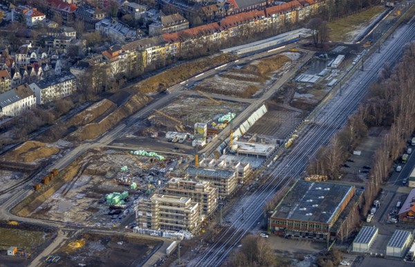 Aerial view, construction site Kronprinzenviertel for new construction of flats Am Wasserturm Südbahnhof in the district Westfalendamm in Dortmund, Ruhr area, North Rhine-Westphalia, Germany, construction work, building monument, construction, construction area, building site, building plots, construction measure, construction project, construction site, DE, monument, Dortmund, Europe, aerial view, aerial photography, aerial photography, tower, overview, bird's-eye view, water tower Dortmunder Südbahnhof, housing estate, housing and living, residential area, residential quality, residential neighbourhood, housing estate, birds-eyes view, overview