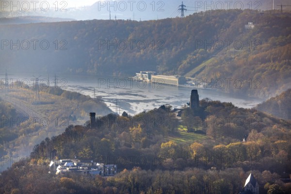 Aerial view, autumnal forest at Hohensyburg with Kaiser-Wilhelm monument and Vincketurm as well as RWE pumped storage power plant Köpchenwerk at Hengsteysee in the district Syburg in Dortmund, city limits Herdecke, Ruhr area, North Rhine-Westphalia, Germany, DE, monument, Dortmund, Europe, aerial view, aerial photography, aerial photography, sight, overview, bird's-eye view, forest area, birds-eyes view, historical, overview