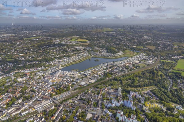 Phoenix-See in the district Hörde in Dortmund, Ruhr area, North Rhine-Westphalia, Germany, DE, Dortmund, Europe, distant view, property tax, real estate, innovation location, aerial view, aerial photograph, aerial photography, aerial photography, lake, overview, bird's-eye view, residential area, residential buildings, residential quality, residential neighbourhood, housing estate, birds-eyes view, overview