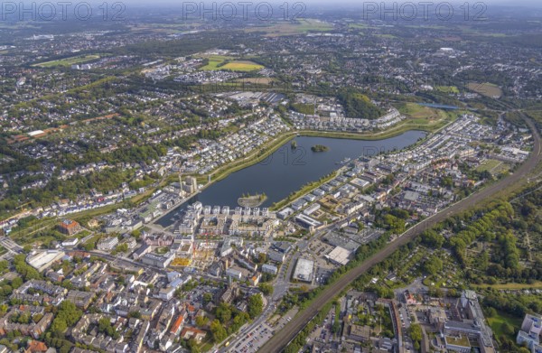 Phoenix-See in the district Hörde in Dortmund, Ruhr area, North Rhine-Westphalia, Germany, DE, Dortmund, Europe, distant view, property tax, real estate, innovation location, aerial view, aerial photograph, aerial photography, aerial photography, lake, overview, bird's-eye view, residential area, residential buildings, residential quality, residential neighbourhood, housing estate, birds-eyes view, overview