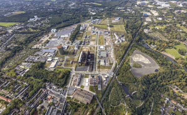 Phönix-West Areal and Hoesch-Gasometer as well as Wilo Park, BMW branch Dortmund, INTECH Die Industrieausrüster and Amprion GmbH Stromversorger in the district Hörde in Dortmund, Ruhr area, North Rhine-Westphalia, Germany, Amprion GmbH Stromversorger, DE, monument protection, Dortmund, Europe, commercial enterprises, commercial area, commercial area, commercial park, commercial location, commercial use, industrial area, industrial building, industrial location, innovation location, aerial view, aerial photograph, aerial photography, aerial photography, Phönix-West, overview, bird's-eye view, birds-eyes view, former blast furnace plant, overview