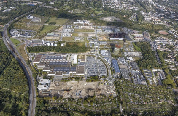 Phönix-West Areal and Hoesch-Gasometer as well as Wilo Park, BMW branch Dortmund, INTECH Die Industrieausrüster and Amprion GmbH Stromversorger in the district Hörde in Dortmund, Ruhr area, North Rhine-Westphalia, Germany, Amprion GmbH Stromversorger, DE, monument protection, Dortmund, Europe, commercial enterprises, commercial area, commercial area, commercial park, commercial location, commercial use, industrial area, industrial building, industrial location, innovation location, aerial view, aerial photograph, aerial photography, aerial photography, Phönix-West, overview, bird's-eye view, birds-eyes view, former blast furnace plant, overview