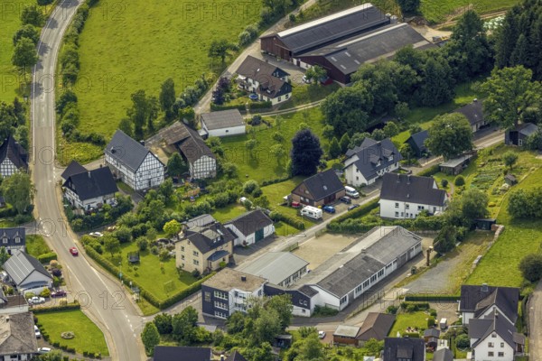 Aerial view, company premises IPE Industrial Projects und Engineering GmbH, Am Bogen, Iseringhausen, Drolshagen, Sauerland, North Rhine-Westphalia, Germany, DE, Europe, half-timbered houses, commercial enterprises, commercial area, commercial site, commercial use, industrial area, industrial site, aerial photograph, aerial photography, aerial photography, overview, bird's-eye view, bird's-eye view, overview