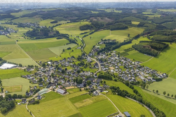 Aerial view, local view Iseringhausen, Drolshagen, Sauerland, North Rhine-Westphalia, Germany, DE, Europe, distant view, hilly landscape, aerial view, aerial photography, aerial photography, overview, bird's-eye view, meadows and fields, birds-eyes view, overview